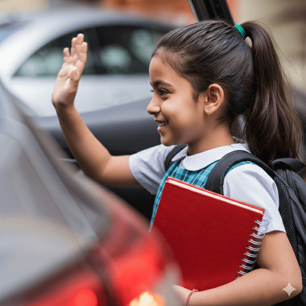 Student waving goodbye at car